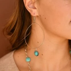 Silver Wire Hoop With Turquoise Charm Earrings -Western Cowboy Equipment Store E783