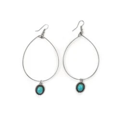 Silver Wire Hoop With Turquoise Charm Earrings -Western Cowboy Equipment Store E783a