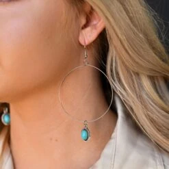 Silver Wire Hoop With Turquoise Charm Earrings